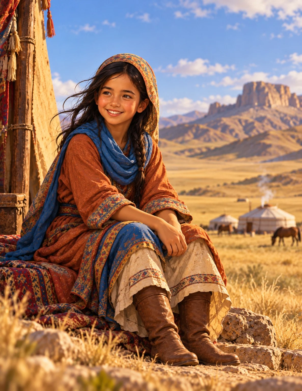 An illustration of Judith sitting beside a tent in the desert