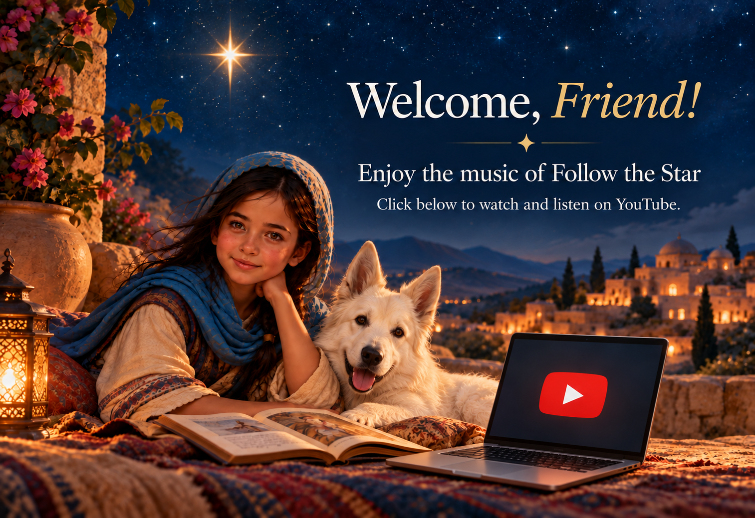Judith and her white dog Petra beside a laptop displaying YouTube. Welcome, Friend! Enjoy the music of Follow the Star. Click below to watch and listen on YouTube.