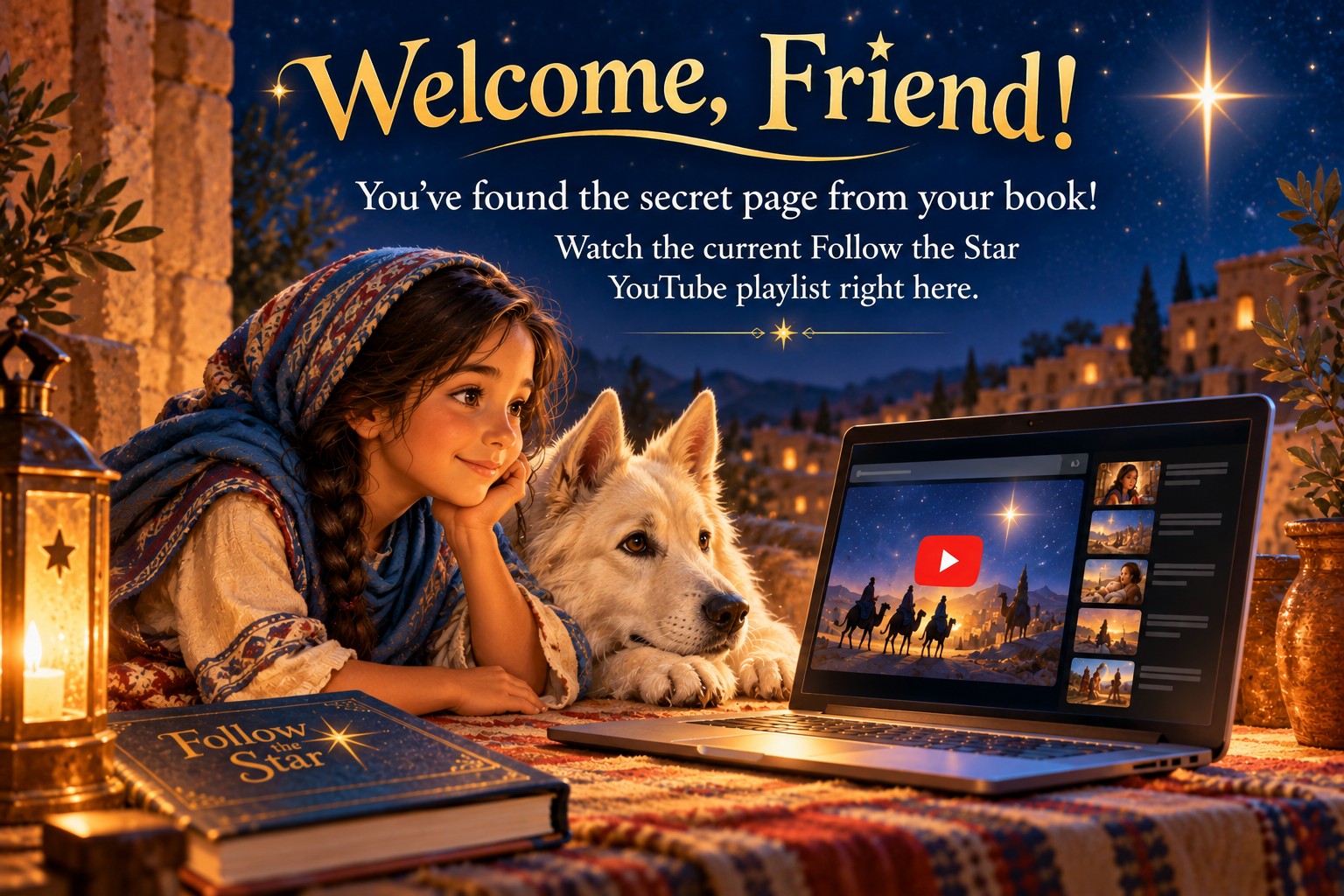 Welcome, Friend! Judith and her white dog Petra beside a laptop displaying Follow the Star music. You’ve found the secret page from your book.